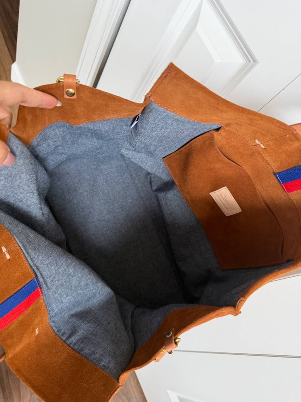 Clare V Brown Suede Tote Bag with Red & Blue Stripe - Men - Picture 2 of 4